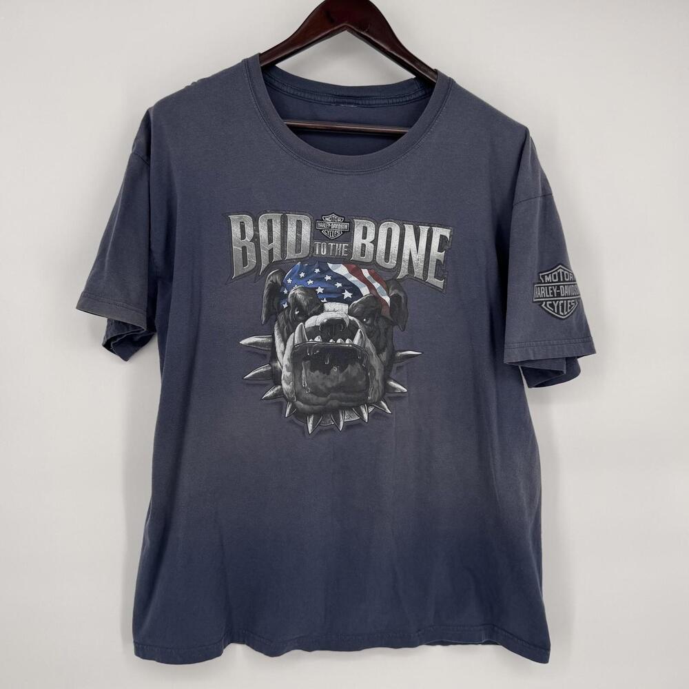 Harley-Davidson Shirt Mens XL Blue Bad To The Bone Bulldog Wildcat Graphic Tee